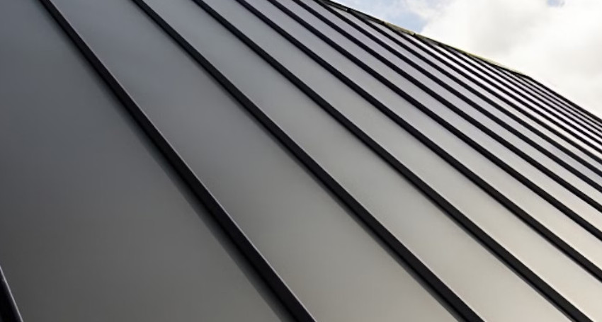 Modern commercial building with metal roofing detail.