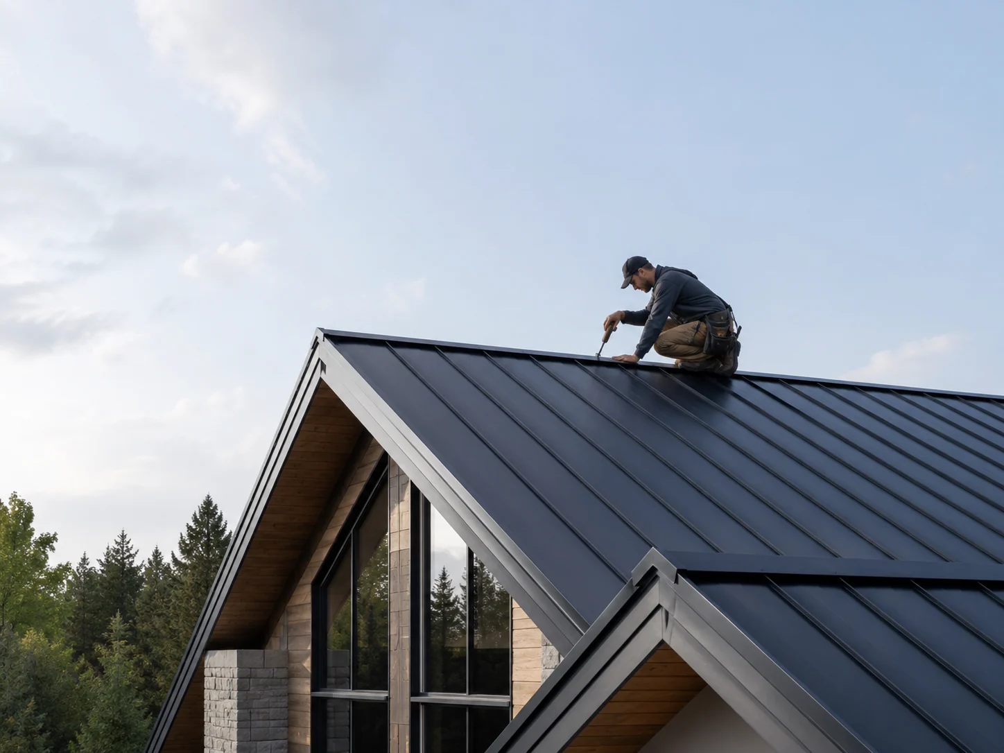 Roofer installing a standing-seam metal roof.