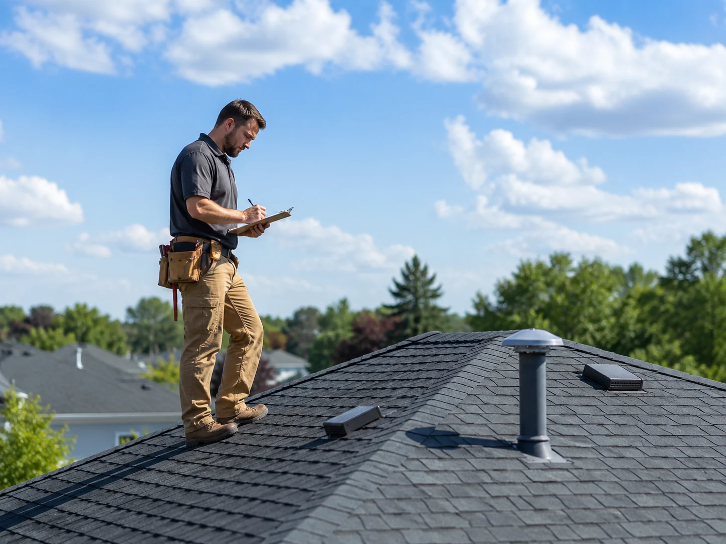 Roofing professional inspecting a residential roof in Huntsville.
