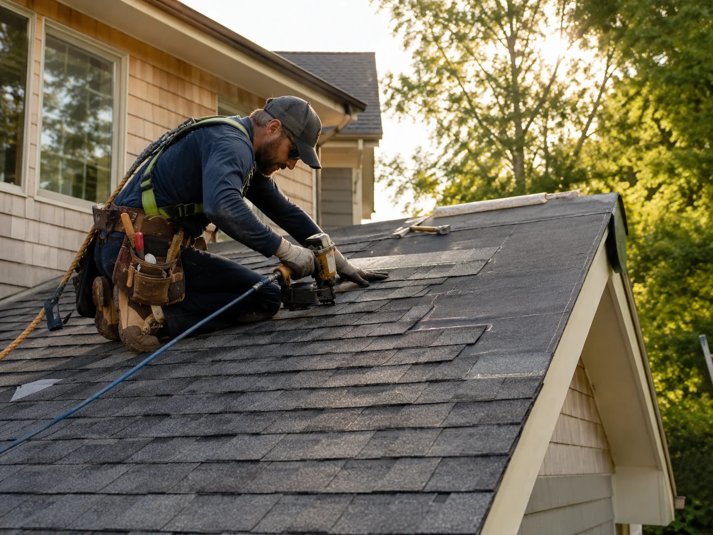 Roofer installing replacement shingles on a residential roof.