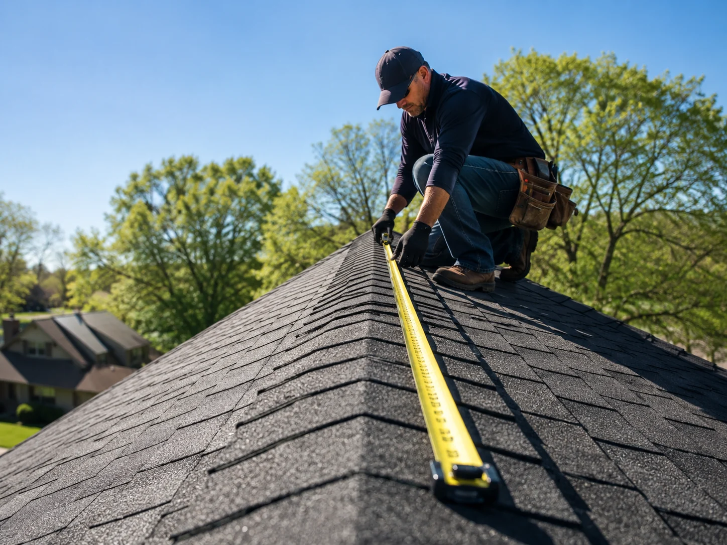 Roofer measuring shingles during a roof inspection before tornado season.