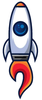 Illustration of a stylized rocket with a flame trail launching upwards.