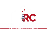 Logo of rocket roofing featuring a stylized house with a rocket ascending, signifying speed and efficiency in roofing services.